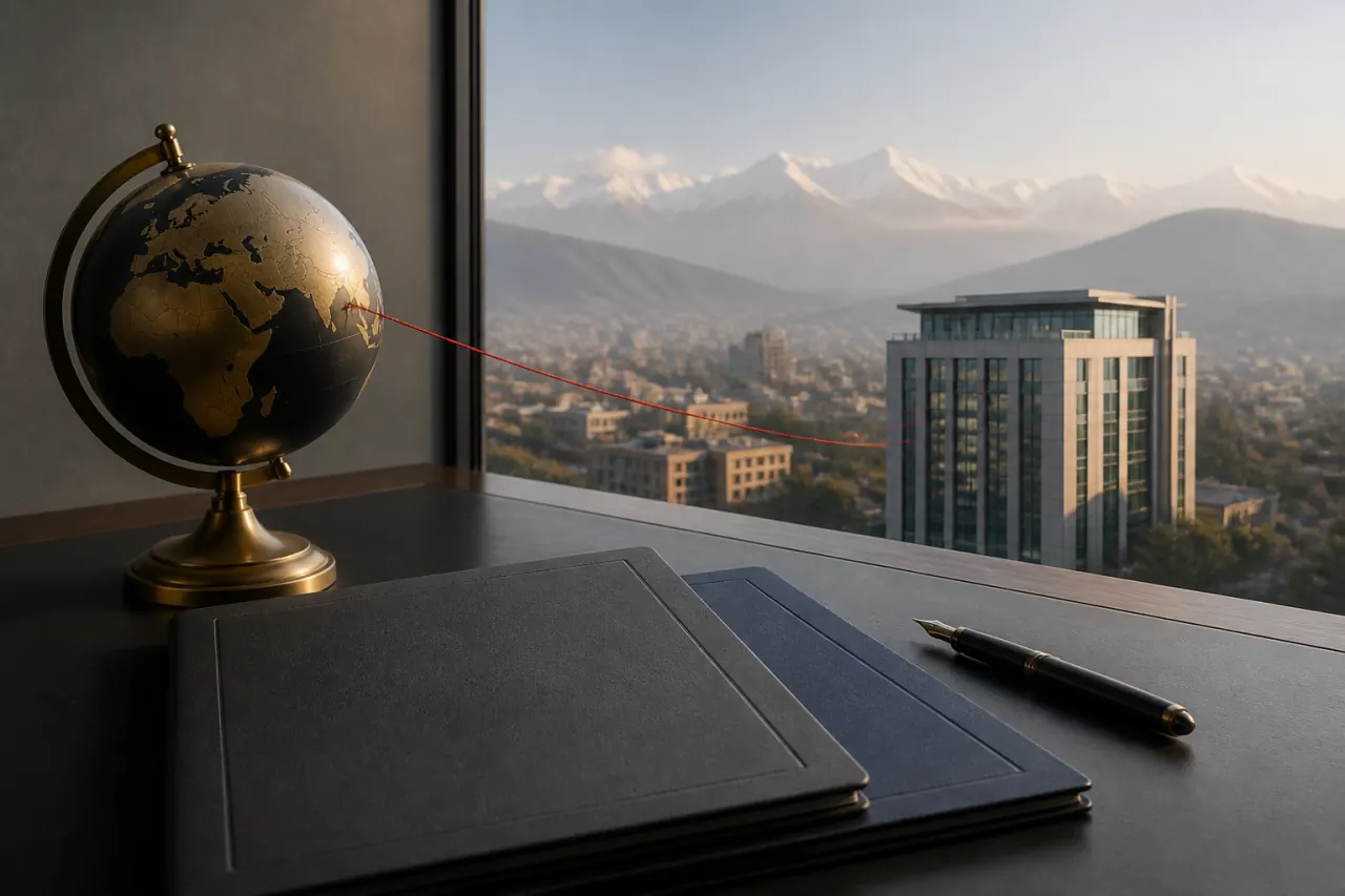 Corporate files and globe connected to a branch office in Kathmandu
