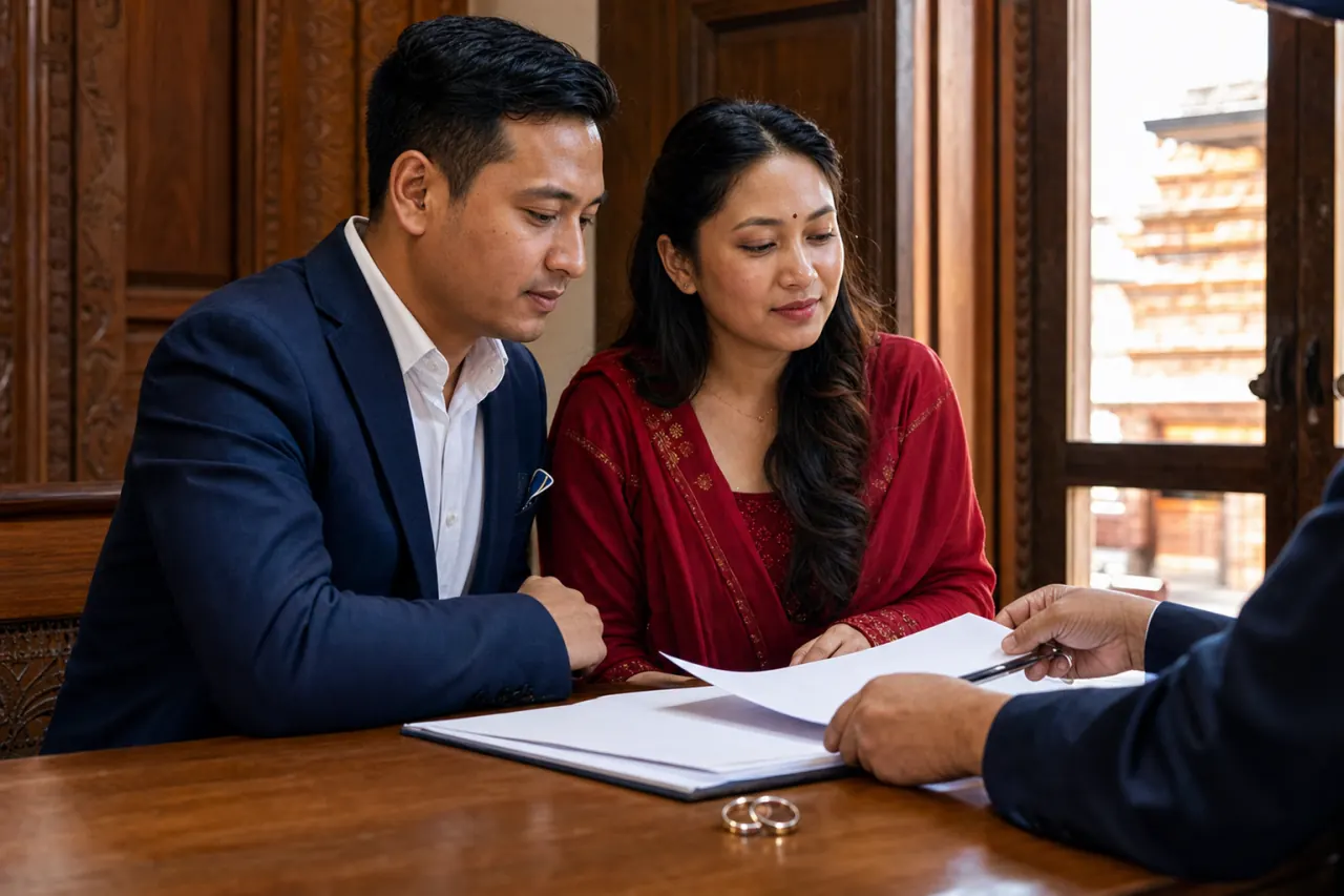 Nepali couple reviewing marriage registration documents with a registrar